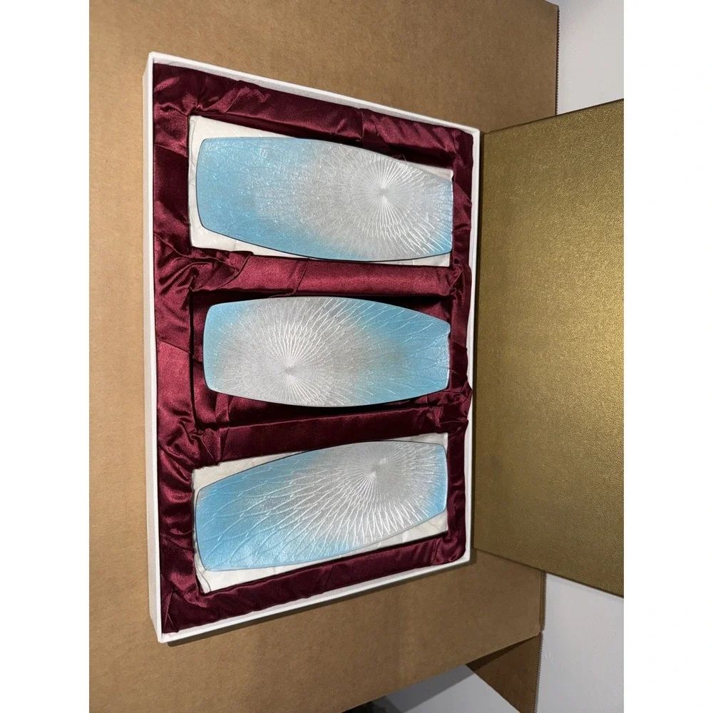 Japanese Handmade Enamel Oshibori‎ Towel Tray Set 3 Blue White Gradient 7in